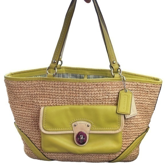 Coach Vintage Y2k 22904 Green Leather And Wicker Raffia Straw Turnlock Tote Bag